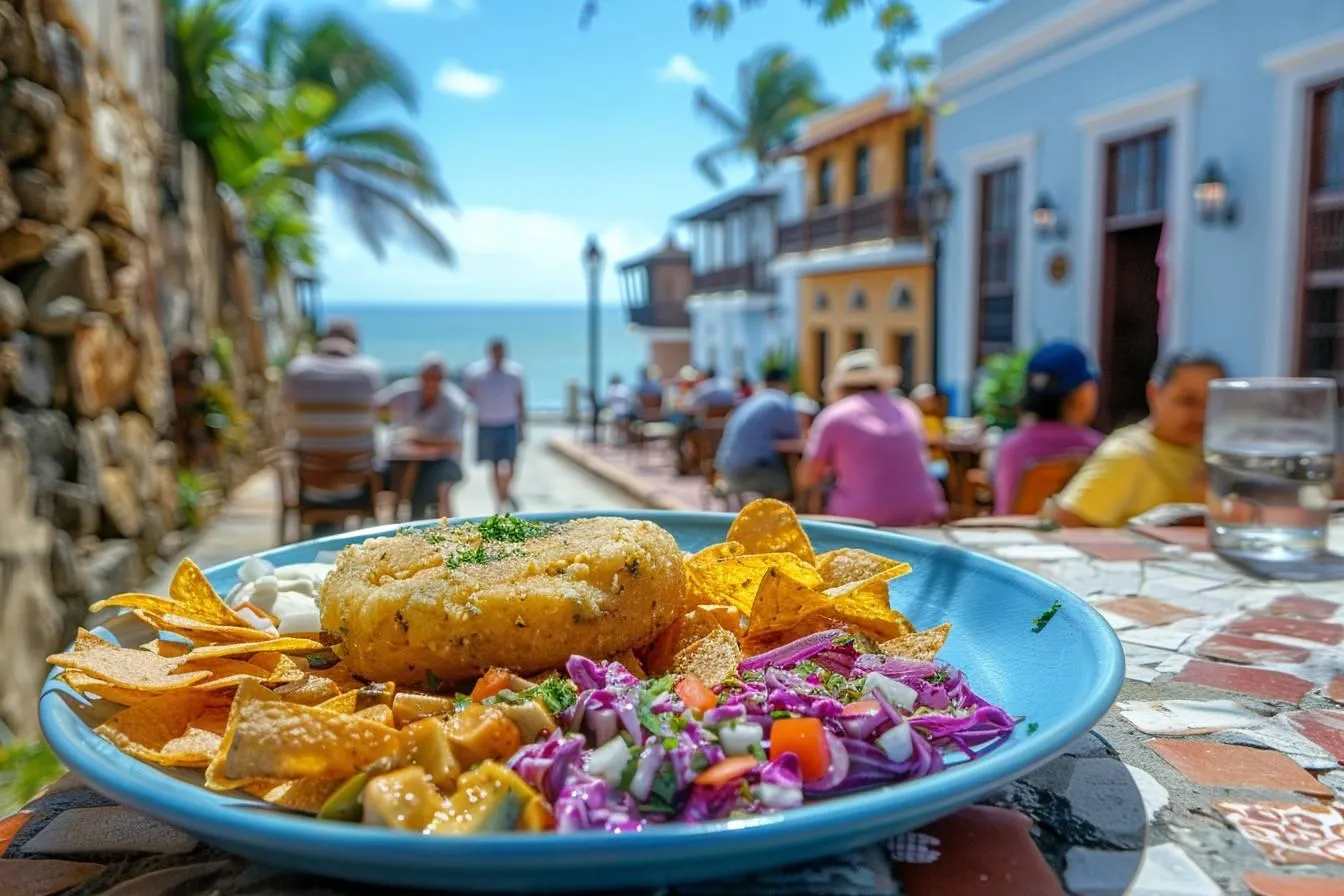 Outdoor diners enjoy a colorful meal on a cobblestone street lined with colonial buildings near the ocean.
