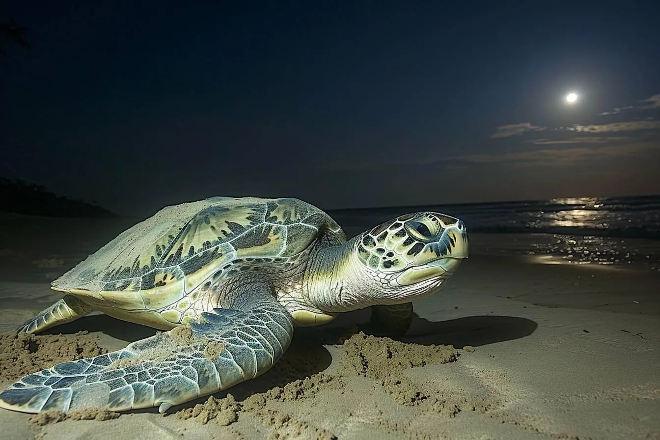 A sea turtle rests on a sandy beach under a full moon at night.
