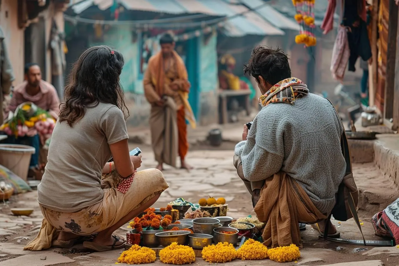 Two people sit near offerings and marigold flowers in a small market street with vendors and locals.