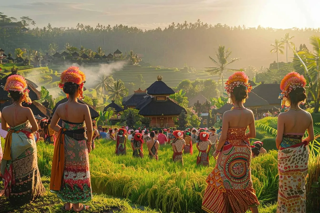 Balinese women in traditional dress stand in a rice field near a temple at sunrise.