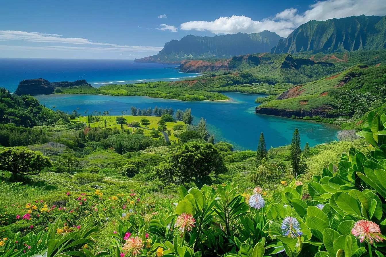 Lush green hills and wildflowers overlook a winding blue bay with mountains along the Na Pali Coast, Kauai, Hawaii.