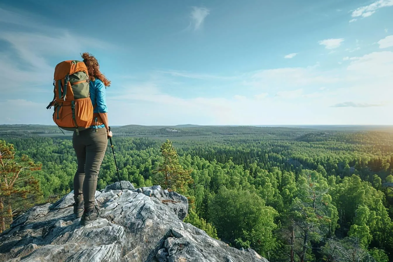 A hiker with an orange backpack stands on a rocky outcrop overlooking a vast green forest.