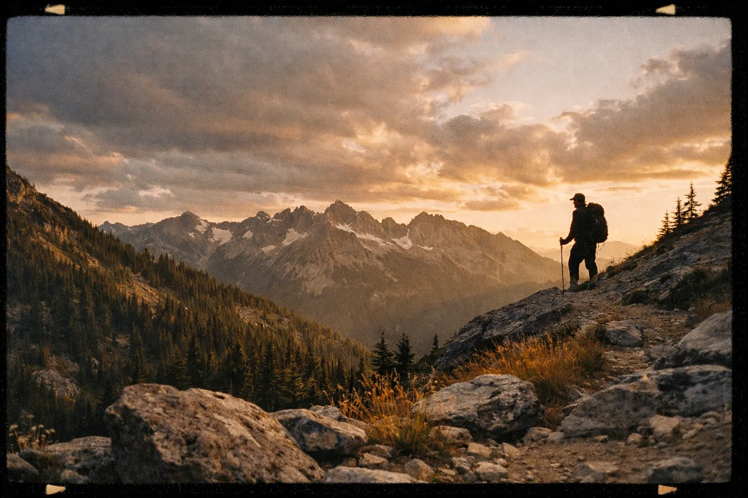 Rainy Pass overlook with distant Maple Pass ridge at golden hour and a lone silhouette along the trail