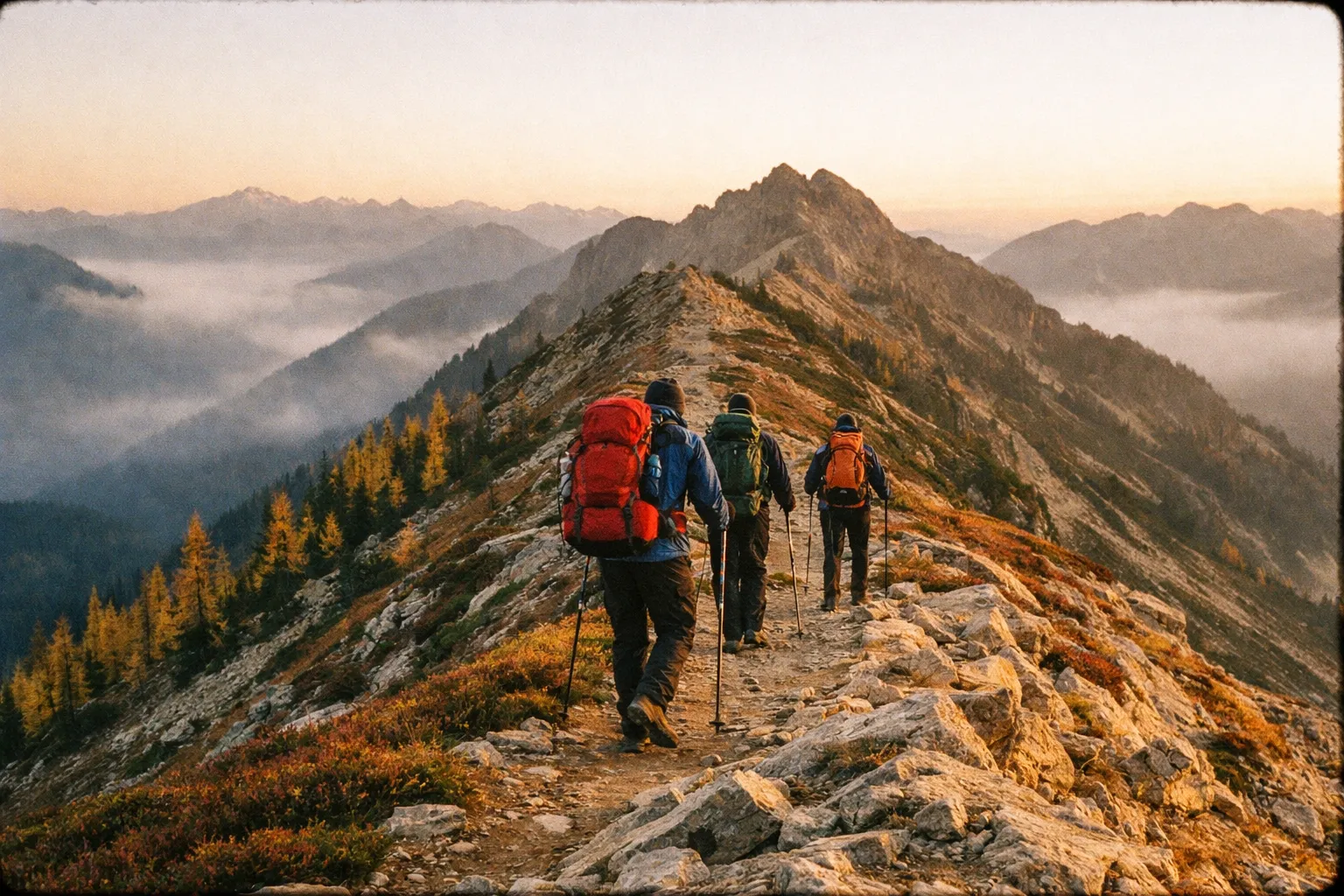 Backlit hikers trekking along a high alpine ridge toward Maple Pass with expansive valley views