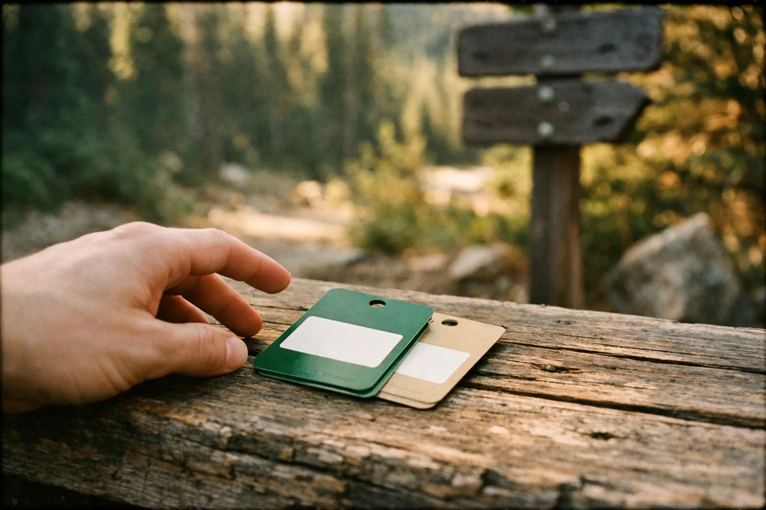 Hand entering a frame to retrieve unlabeled passes from a trailhead surface