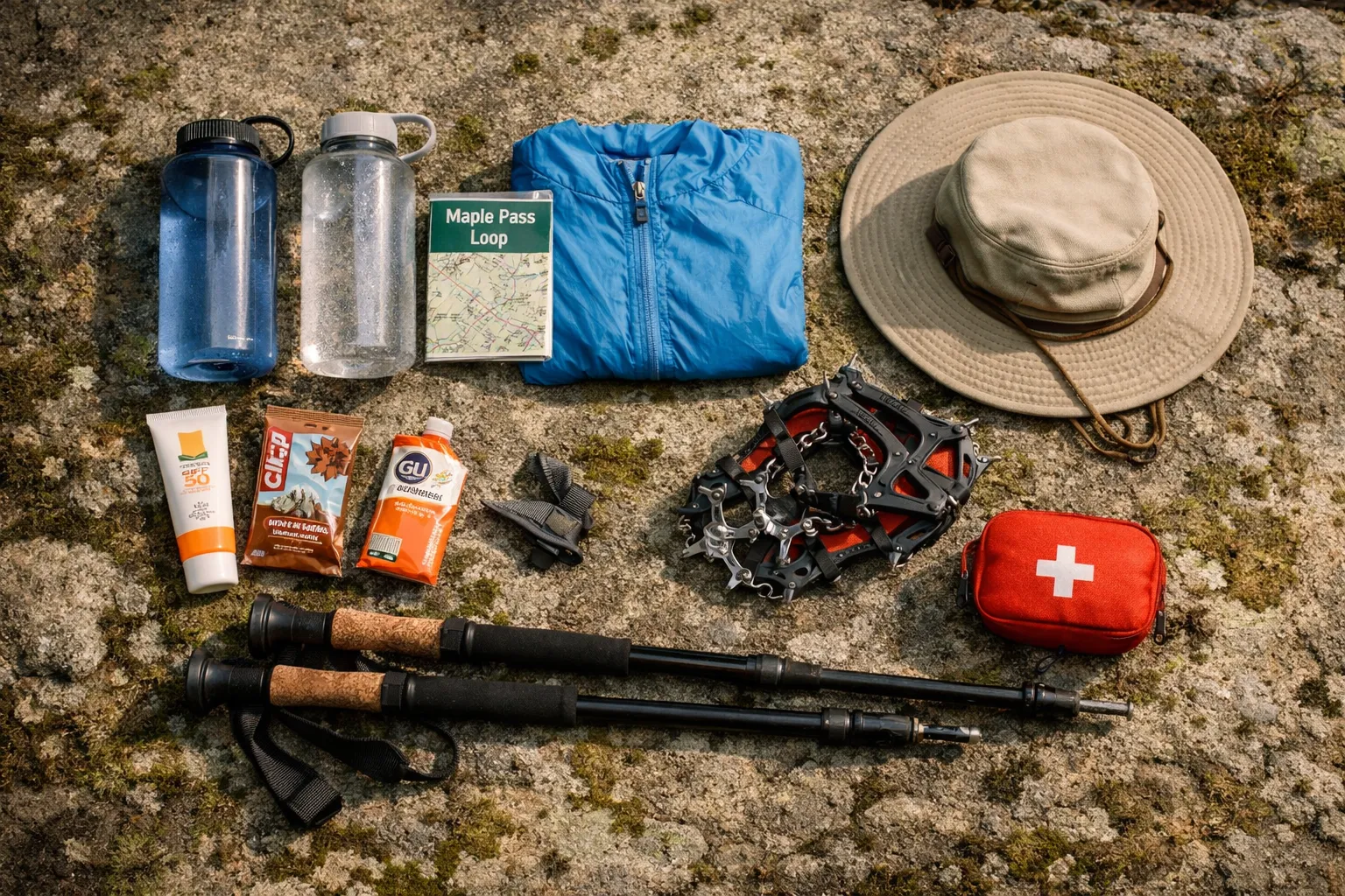 Flat lay of day-hiking gear arranged on a mossy rock surface