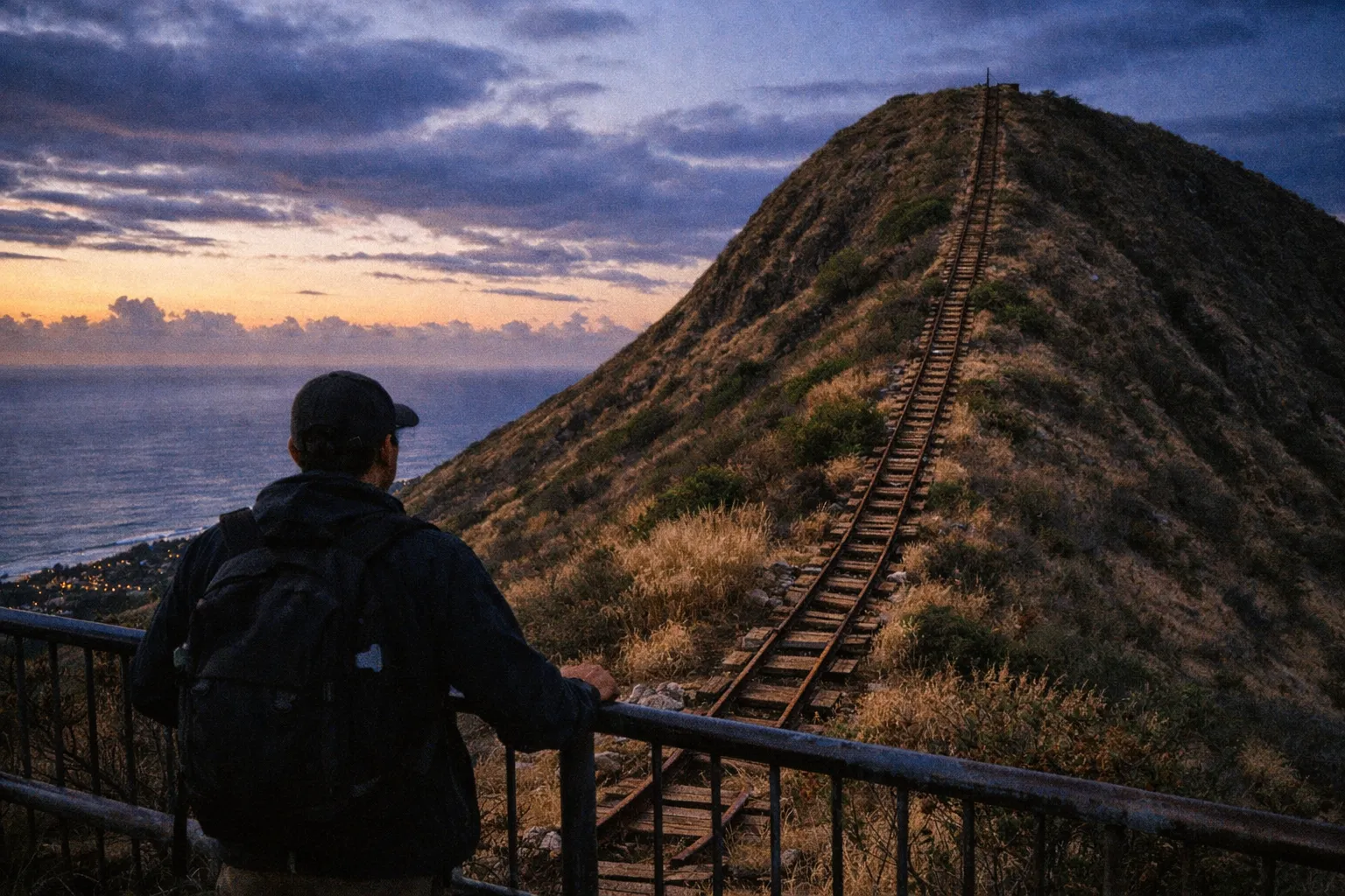 Person with backpack standing by rail, looking up a steep hill with old railway tracks at sunset