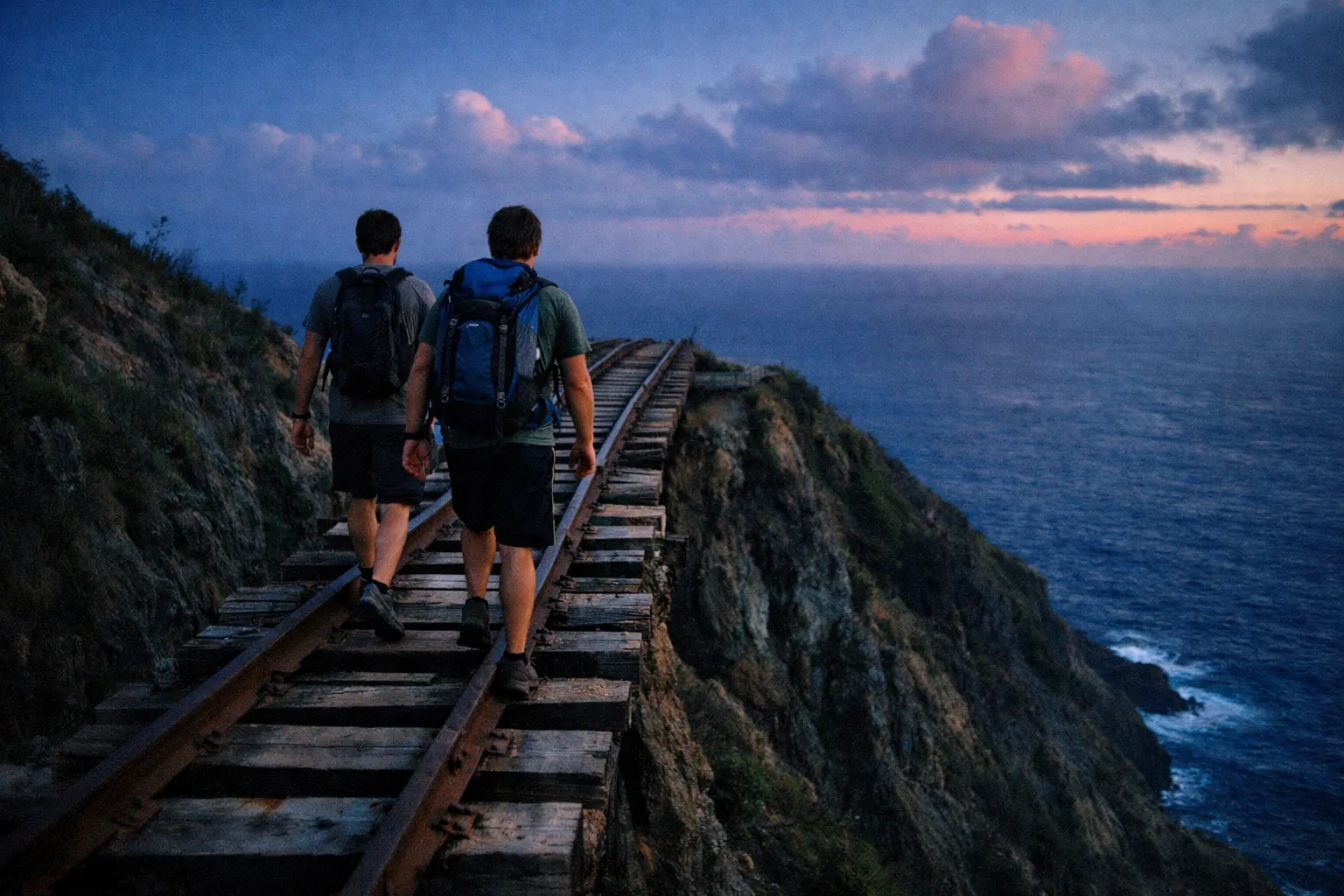 Two people with backpacks walking on an old railway track along a coastal cliff at sunset
