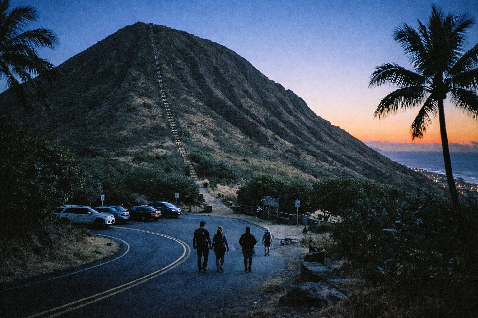 Four people walking on a road near parked cars at the base of a steep hill with a long staircase and palm trees at dusk