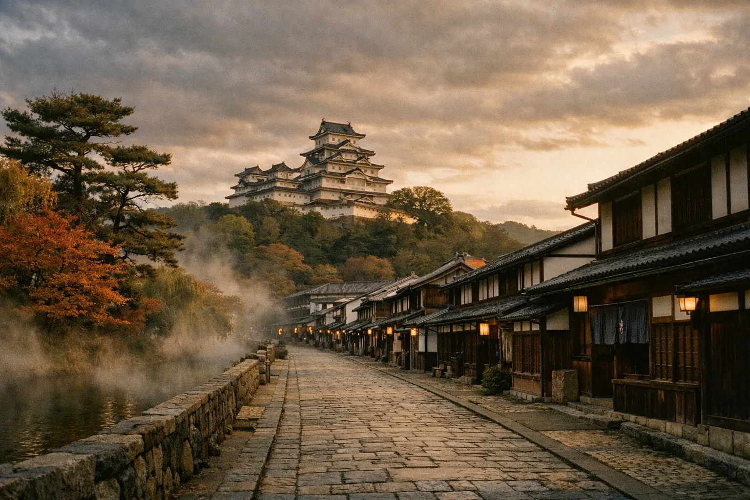 Quiet cobblestone street with traditional wooden houses and a distant hilltop castle at golden hour