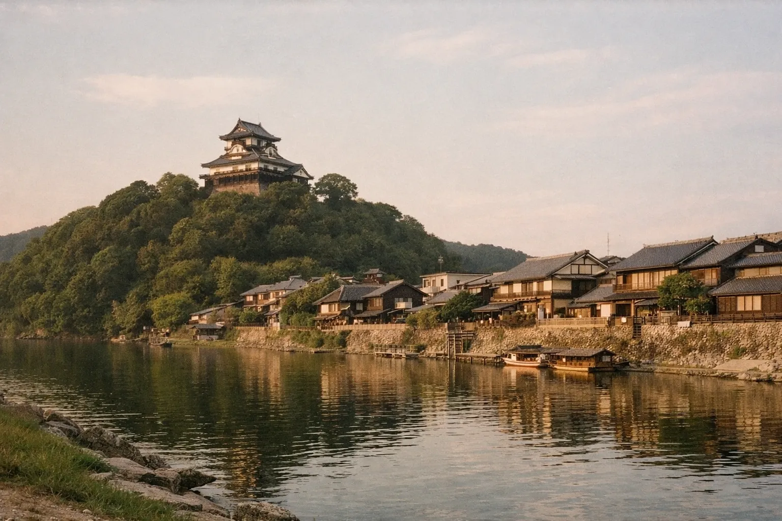 Inuyama Castle visible above a riverside street in Inuyama with boats along the bank