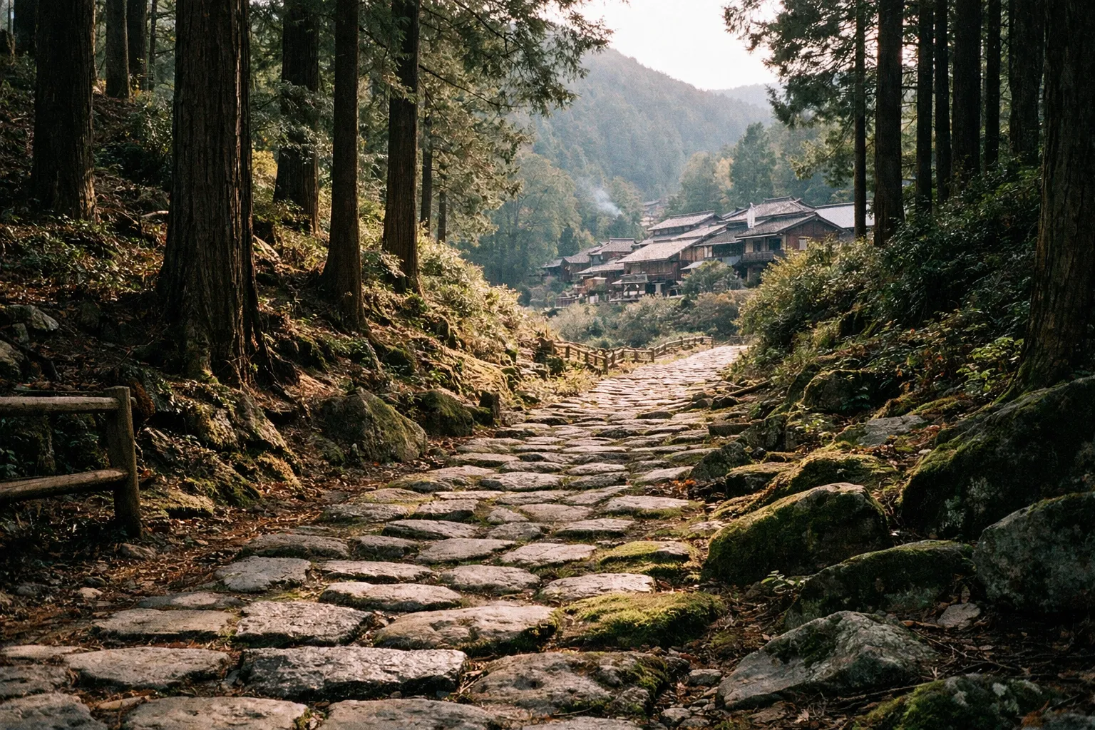 Forest trail along the Nakasendo with cedar trees and a distant village on a hill