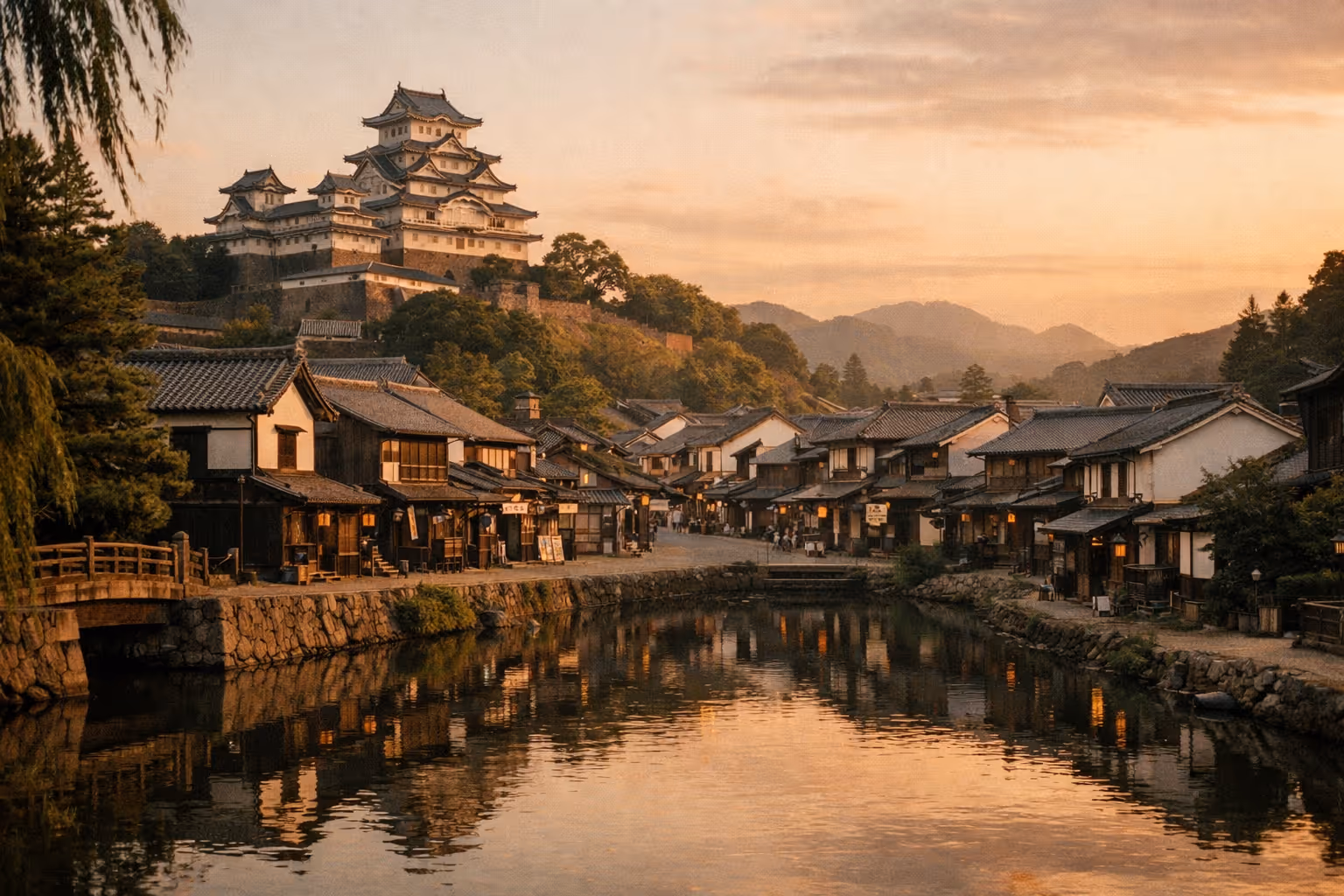 Editorial wide-shot of a Japanese castle town at golden hour with a hilltop castle, winding streets, and traditional wooden buildings