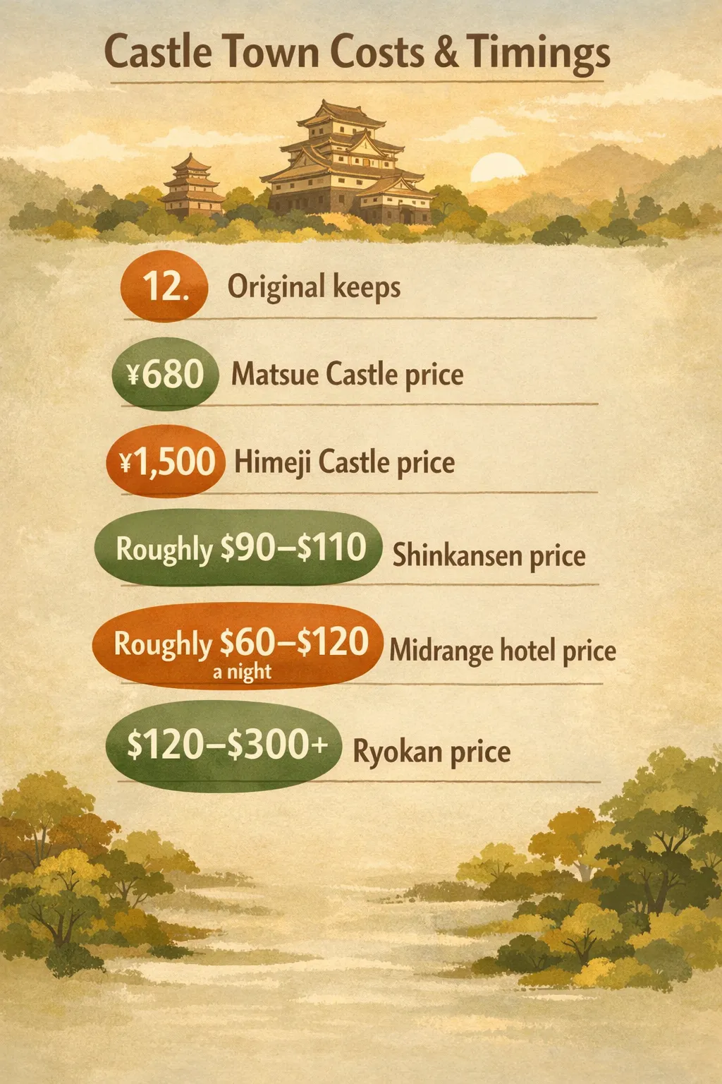 Infographic on costs and access for the 12 original castle towns: Matsue admission ¥680; Himeji admission ¥1,500; Shinkansen