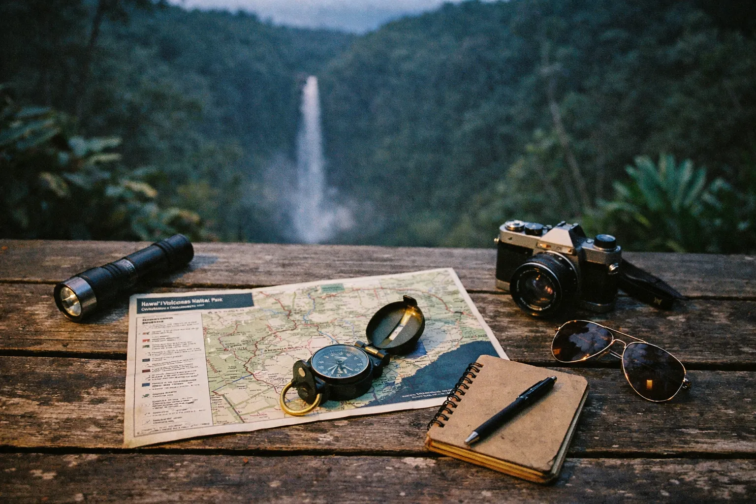 Map, compass, notebook with pen, flashlight, camera, and sunglasses on a wooden table overlooking a distant waterfall