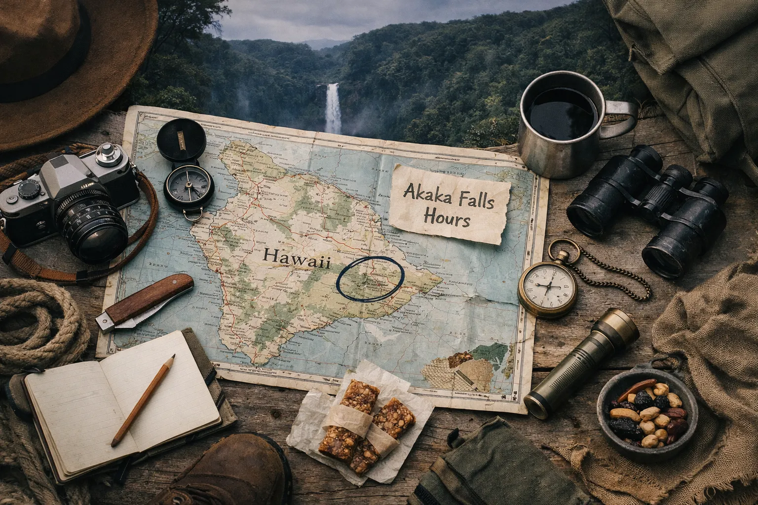 Travel gear and a map of Hawaii with Akaka Falls marked, set beside a distant view of the waterfall in a forest.