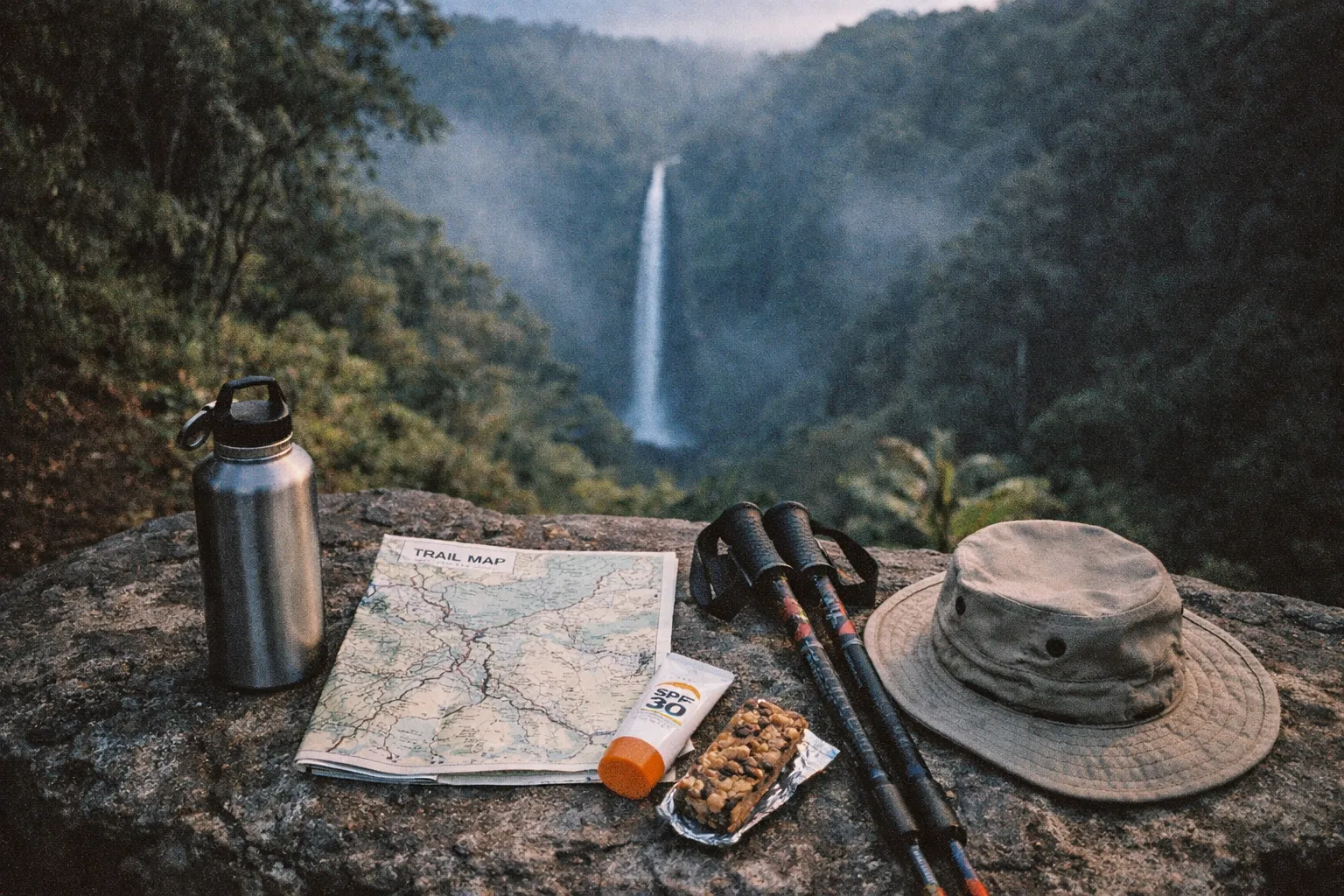 Water bottle, trail map, sunscreen, granola bar, trekking poles, and hat on rock ledge with distant waterfall in forest