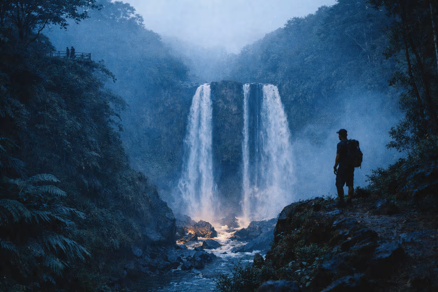 Person with a backpack standing on a misty trail overlooking a tall waterfall in a forested area