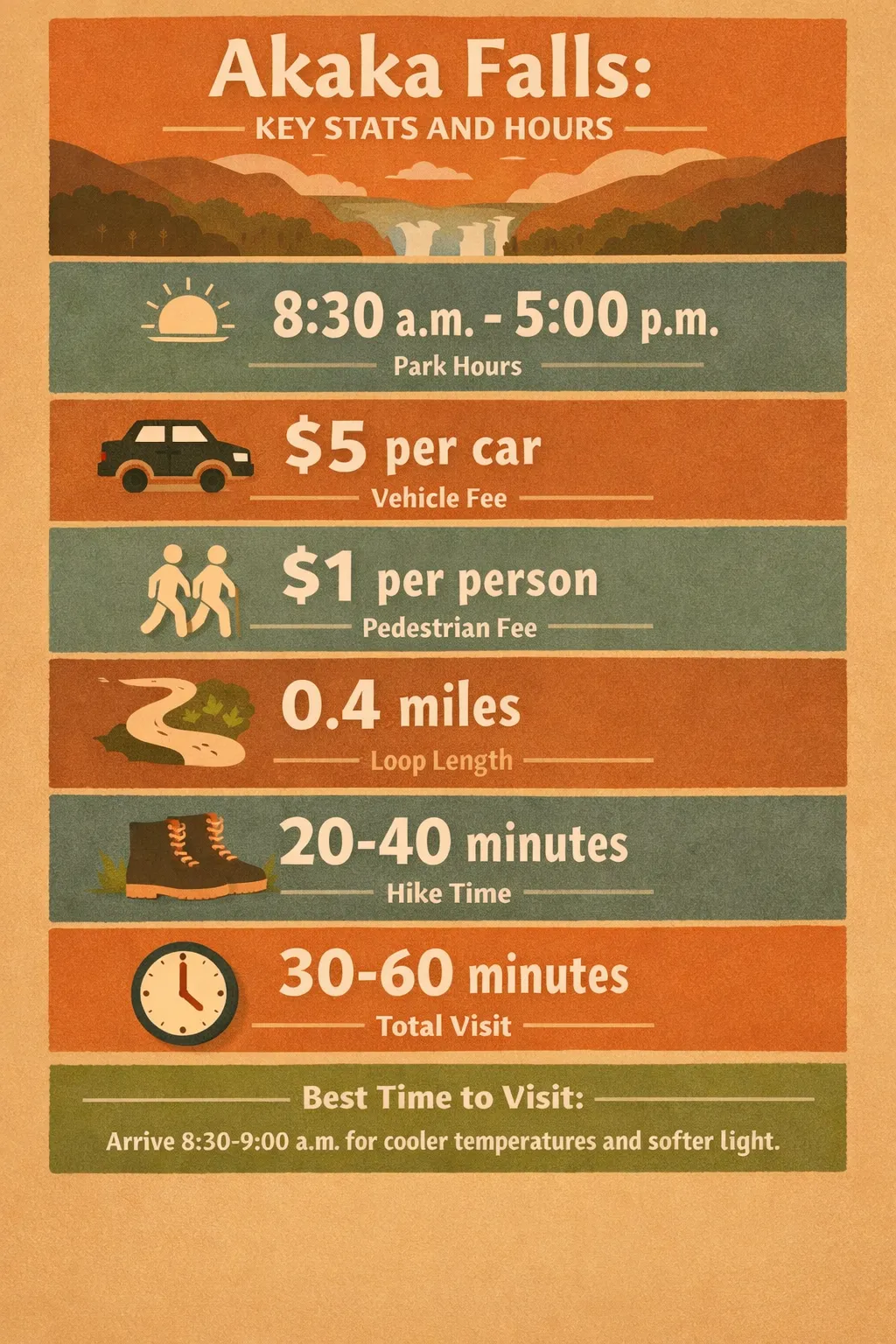 Infographic showing Akaka Falls hours, fees, loop length, hike time and best visit times in plain language
