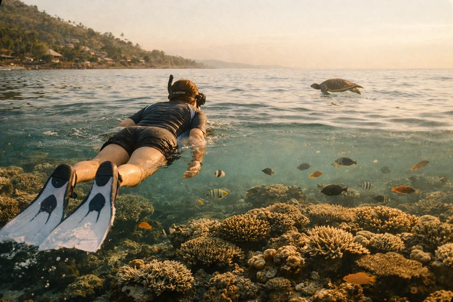 Snorkeler seen from behind gliding over Jemeluk Bay's shallow reef with a sea turtle and colorful corals