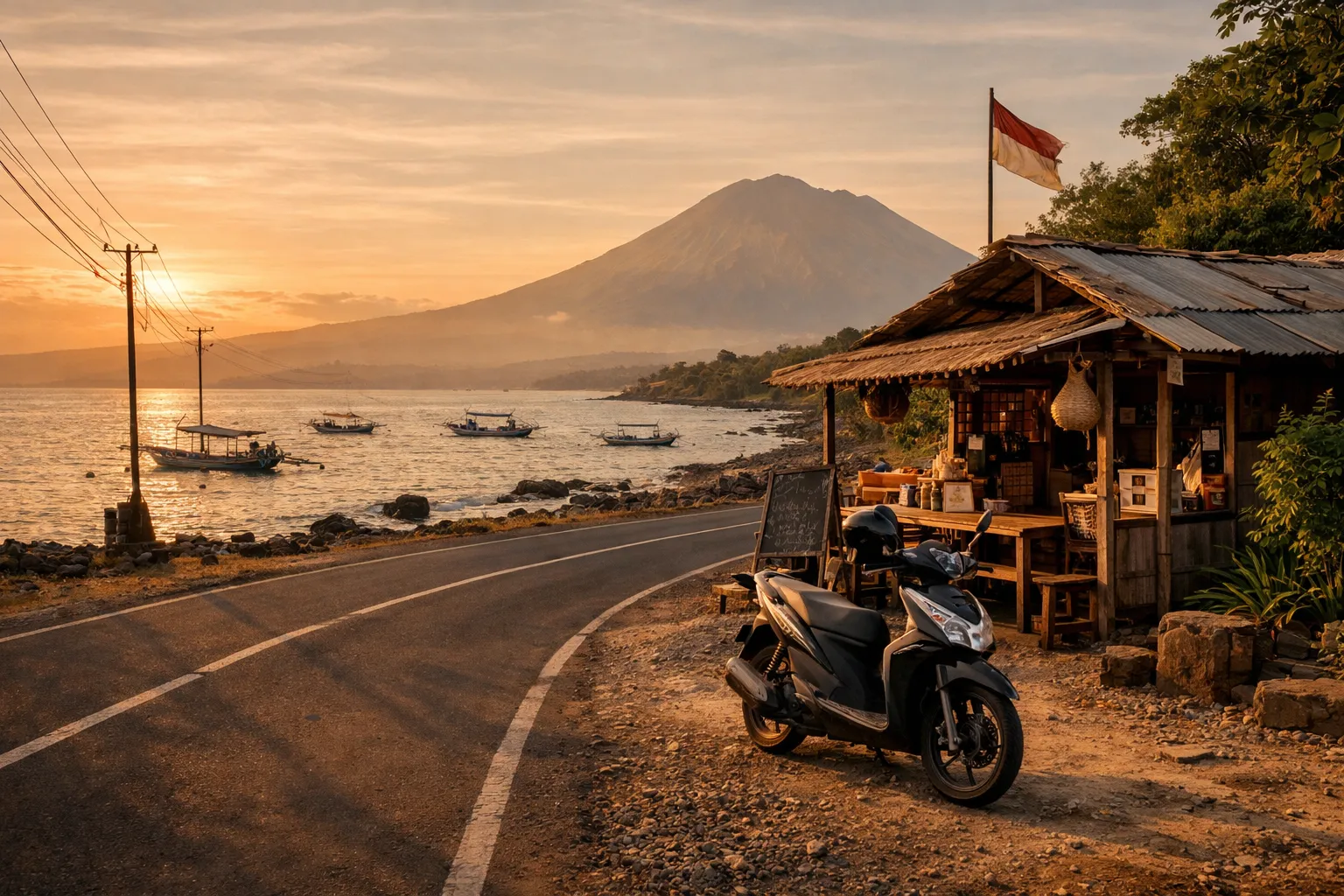 Coastline of Amed at sunset with a scooter by a rustic warung and Mount Agung on the horizon