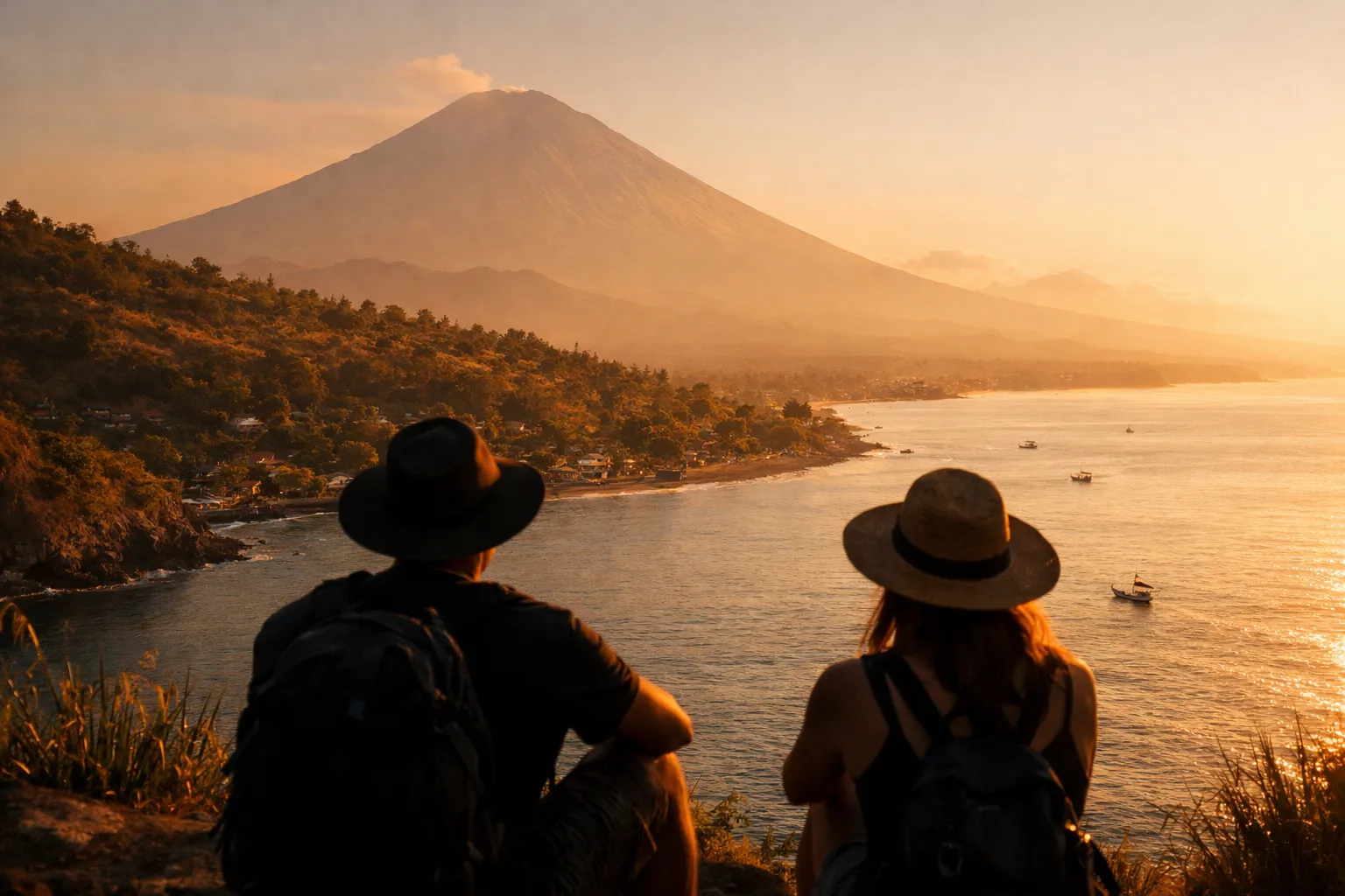 Silhouetted travelers at a cliff overlook with Mount Agung and the sea at sunset