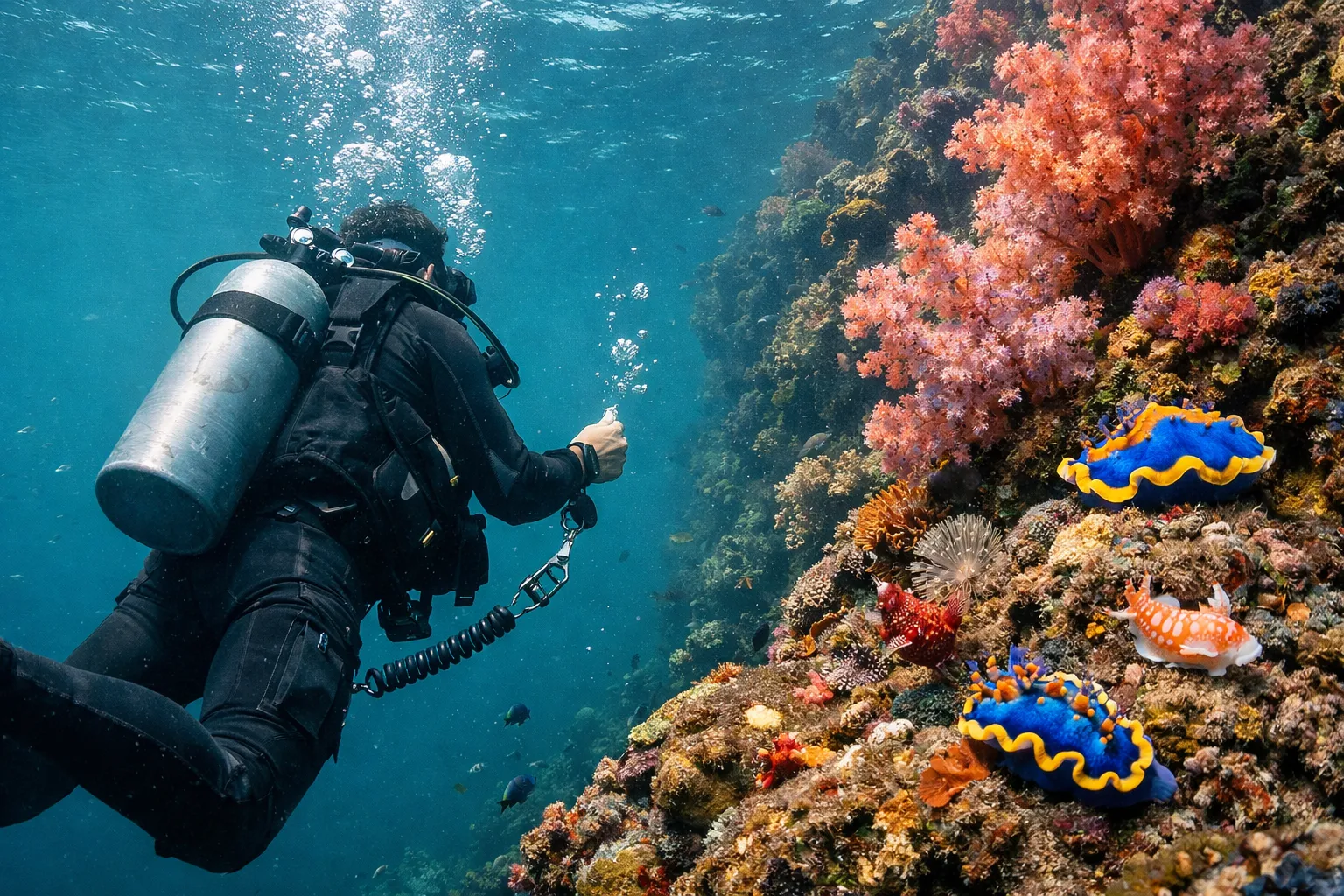 Diver seen from behind adjusting buoyancy near Jemeluk Bay's coral wall