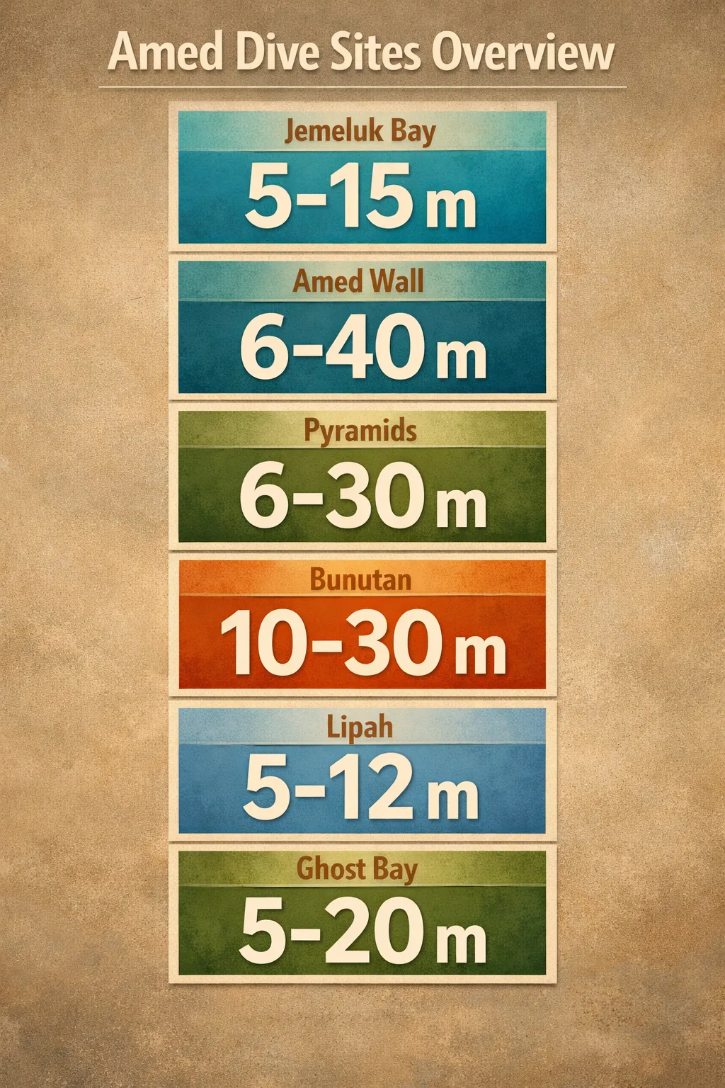 Depths for six Amed dive sites: Jemeluk Bay 5-15 m, Amed Wall 6-40 m, Pyramids 6-30 m, Bunutan 10-30 m, Lipah depth 5-12 m