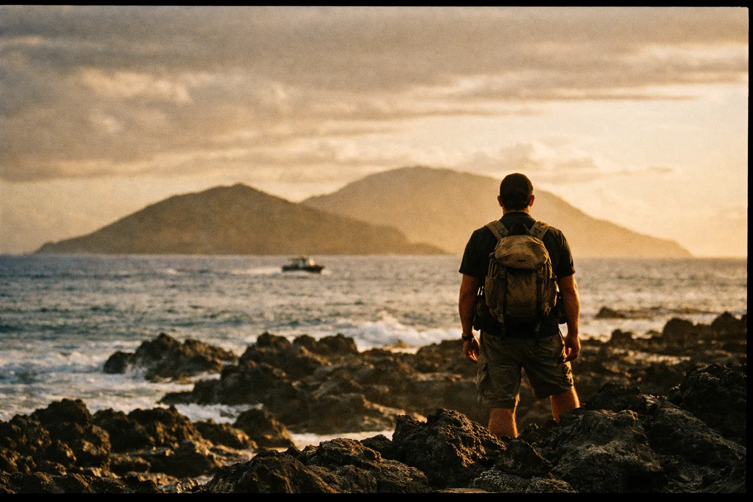Silhouette of a traveler with backpack on lava rock, gazing at two Hawaiian islands on the horizon during golden hour