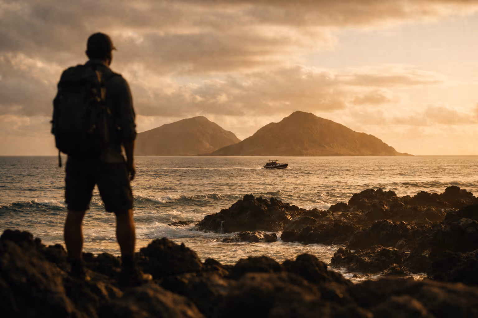 A traveler silhouette on lava rock overlooking two Hawaiian islands at golden hour