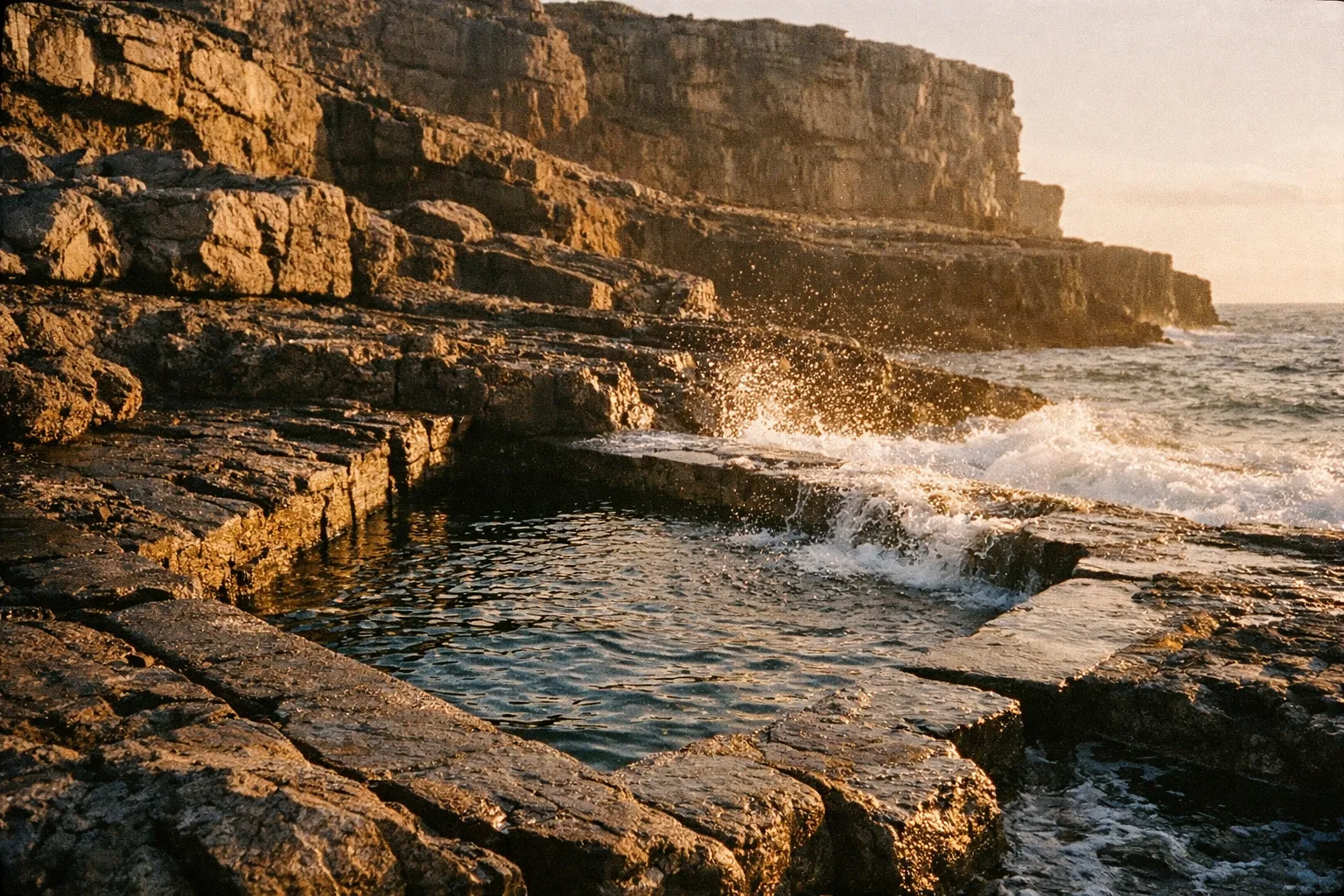 Waves crash against rocky cliffs and tidal pools along the rugged coastline of Inishmore, Aran Islands.