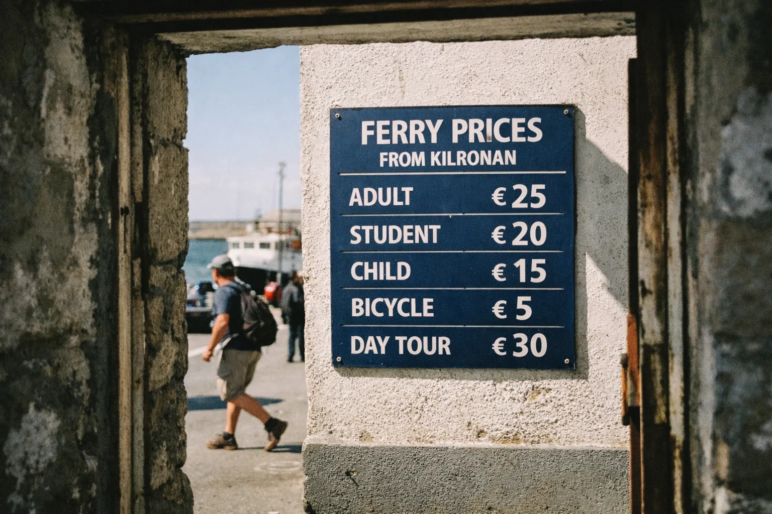 A ferry prices sign at Kilronan port with people walking by and a docked ferry in the background.