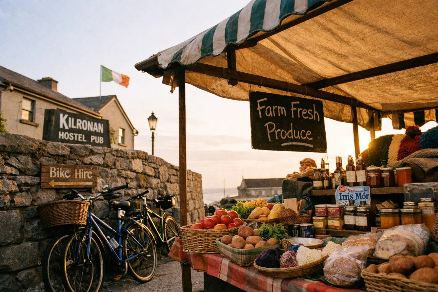 A market stall with farm produce stands in front of Kilronan Hostel Pub and bikes on Inis Mór, Aran Islands.