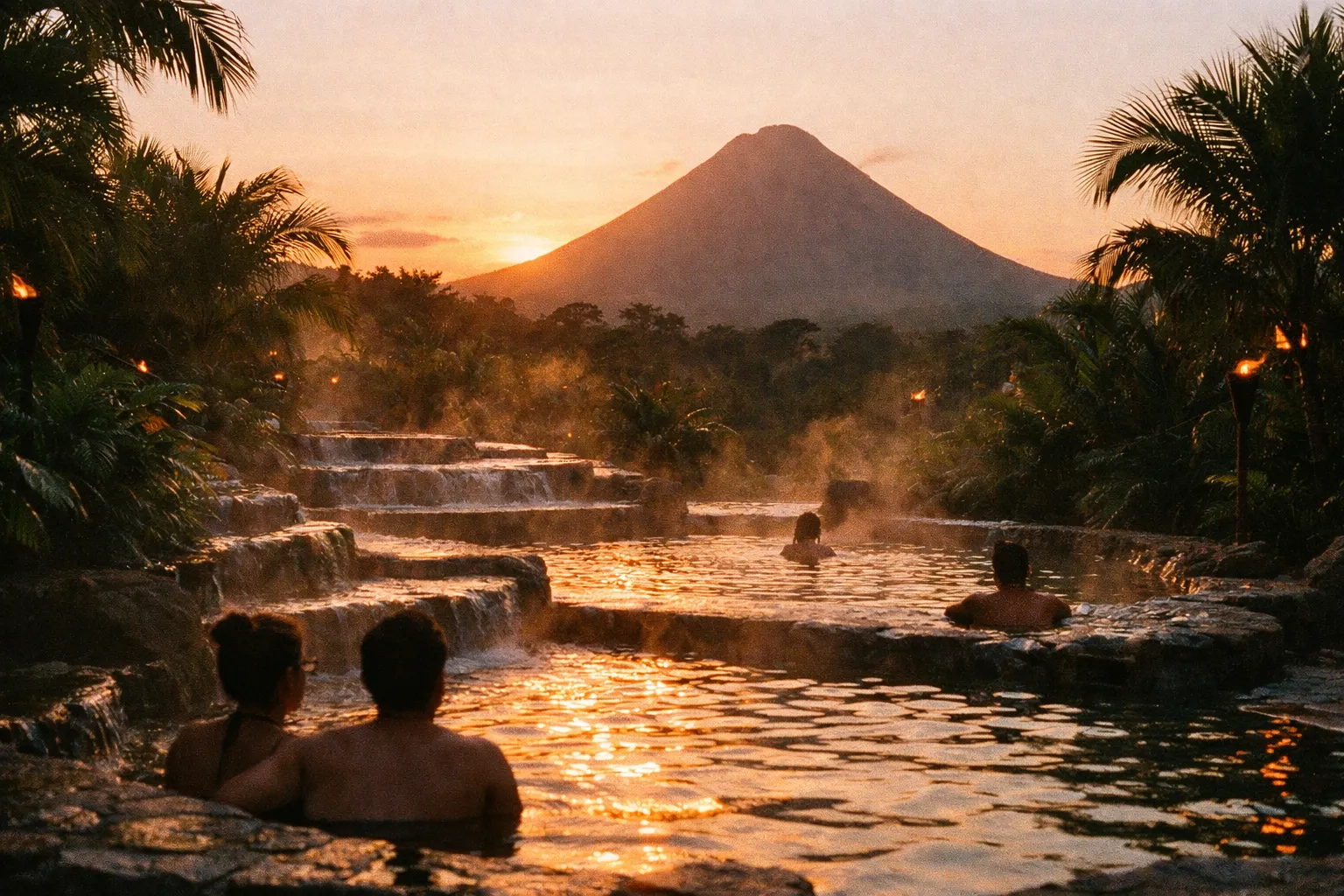 Terraced hot springs pools at sunset with steam and distant volcano silhouette