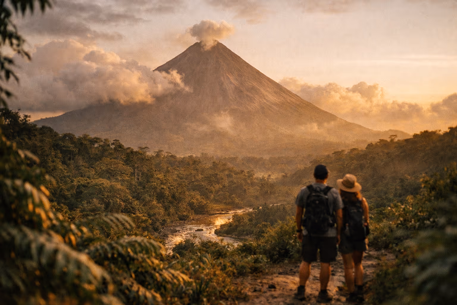 Arenal Volcano National Park at golden hour, with rainforest foreground and distant volcano glow