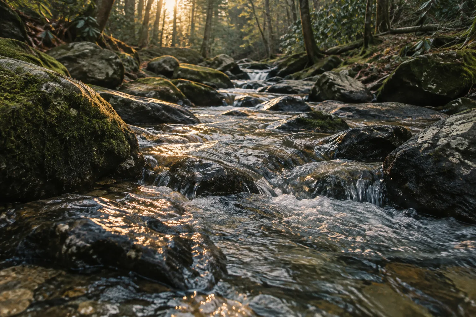 A shallow stream winds over mossy rocks through a forest.