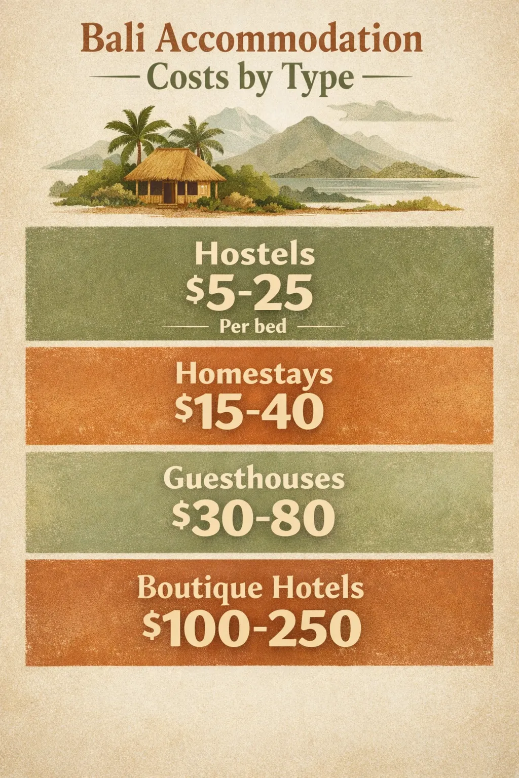 Infographic showing price ranges for Bali accommodation types: hostels $5-25 per bed, homestays $15-40, guesthouses $30-80