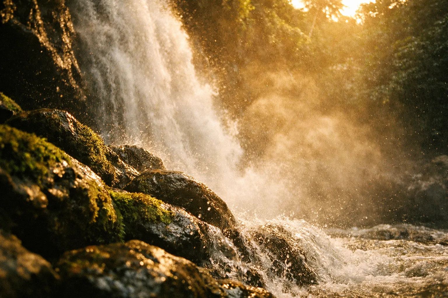 Sunlight streams over a lush waterfall cascading onto mossy rocks in a tropical forest.
