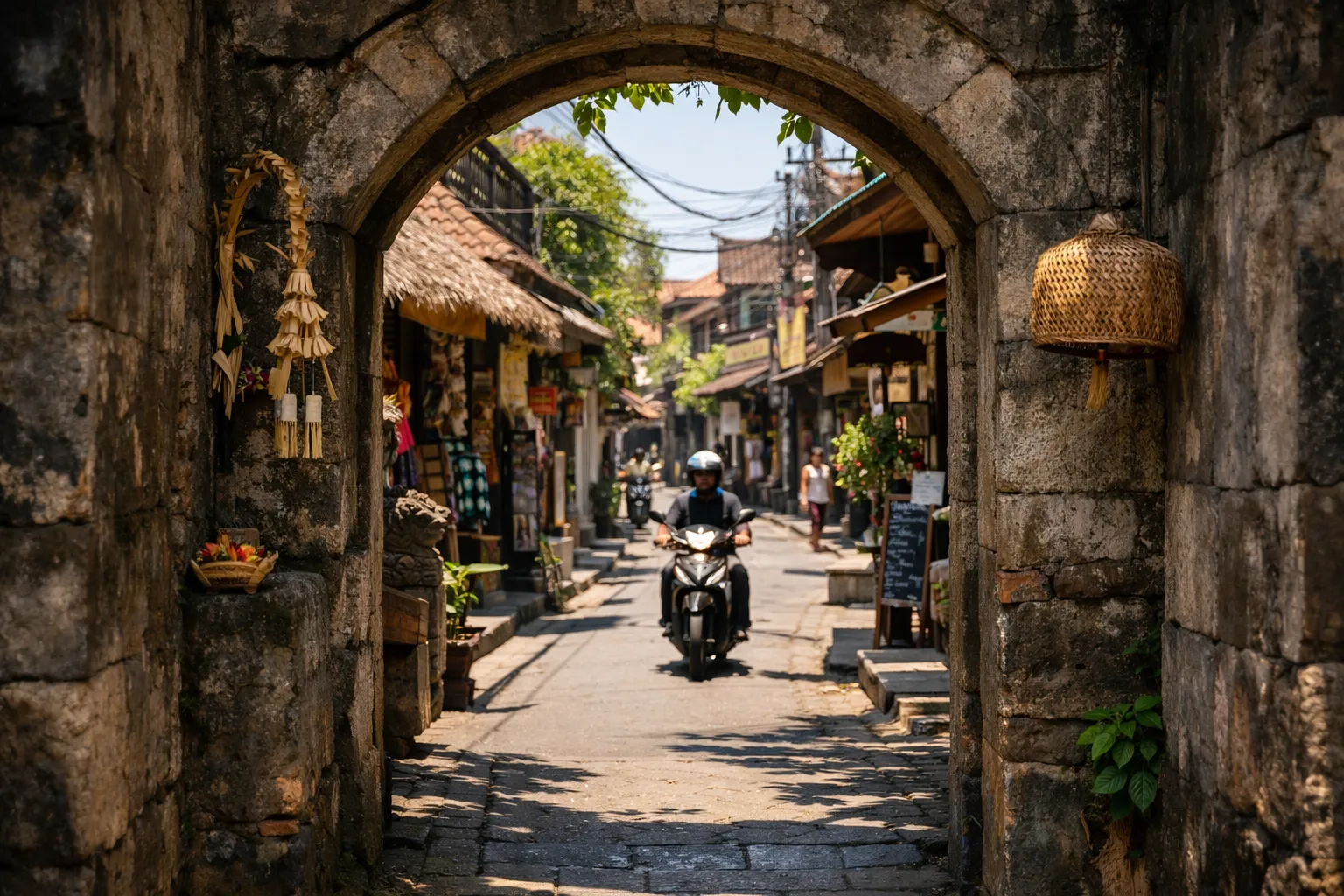 A person on a scooter rides through a stone arch into a lively Balinese street market lined with shops and decorations.