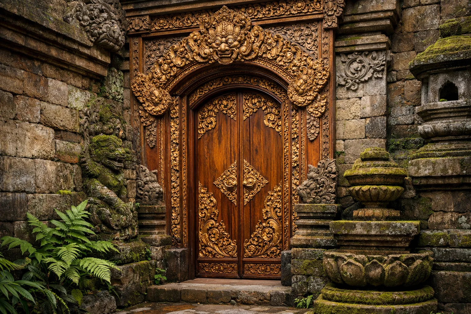 A carved wooden door with intricate Balinese designs set in a mossy stone temple wall.