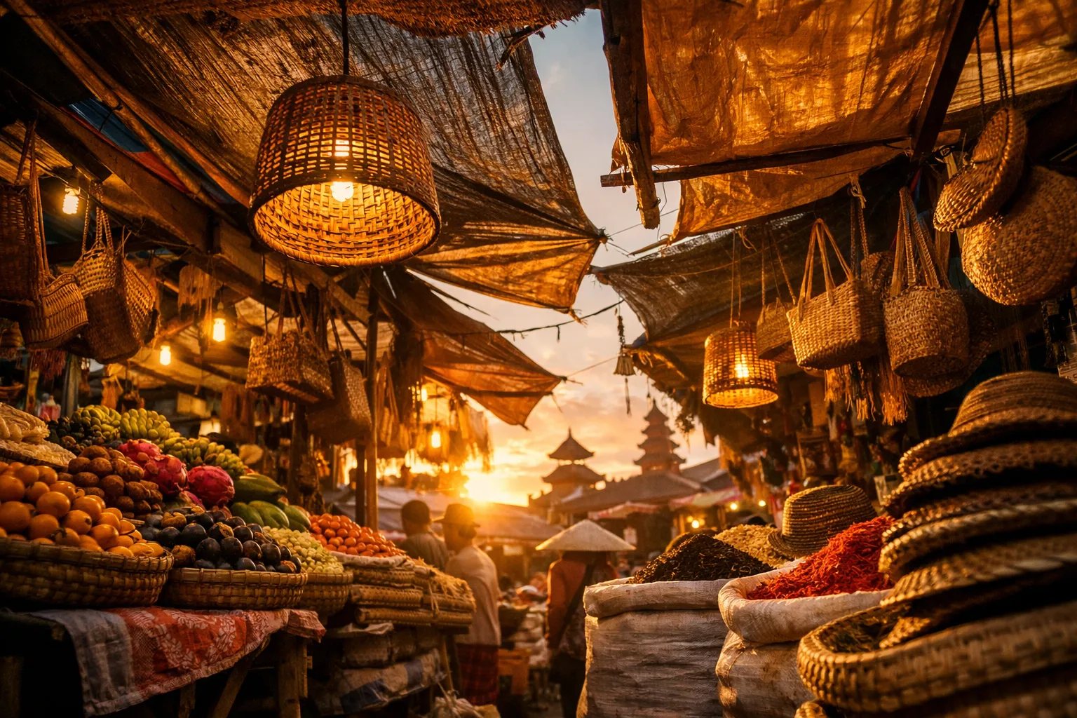Baskets of fruit and spices line a bustling Balinese market at sunset, with temple towers visible in the background.