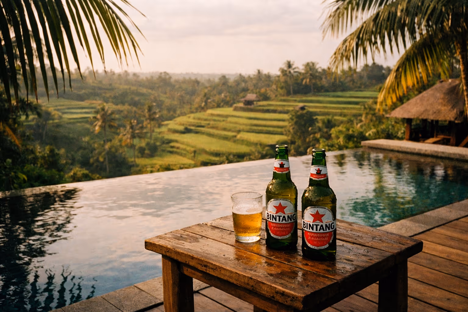 Two Bintang beers and a glass on a table by an infinity pool overlooking Bali rice terraces.