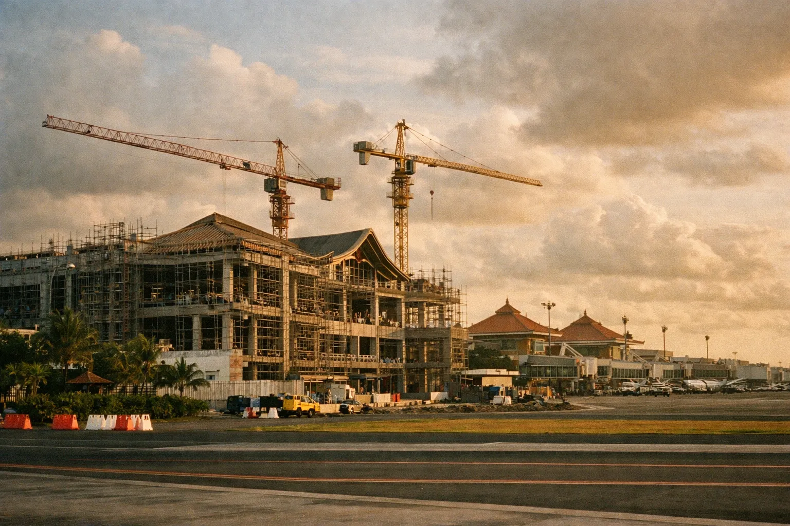 Cranes and a new terminal wing under construction at Ngurah Rai Airport.