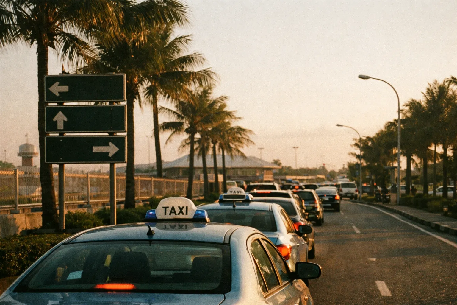 Roadside scene outside Ngurah Rai Airport with vehicles and palm-lined road, arrows indicating directions (no legible text).