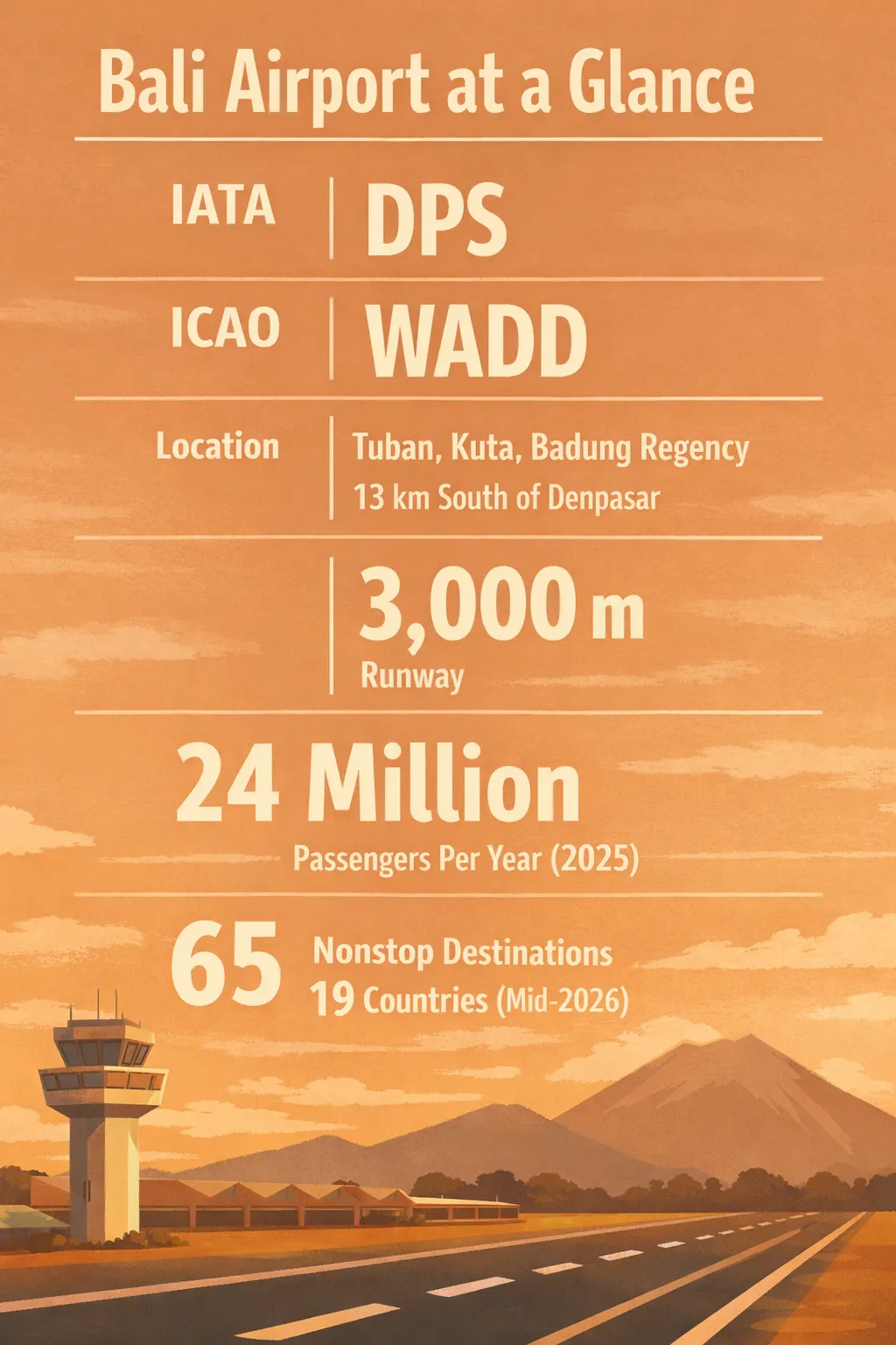 Infographic showing DPS and WADD codes, the airport location near Denpasar, runway length, annual capacity, and nonstop