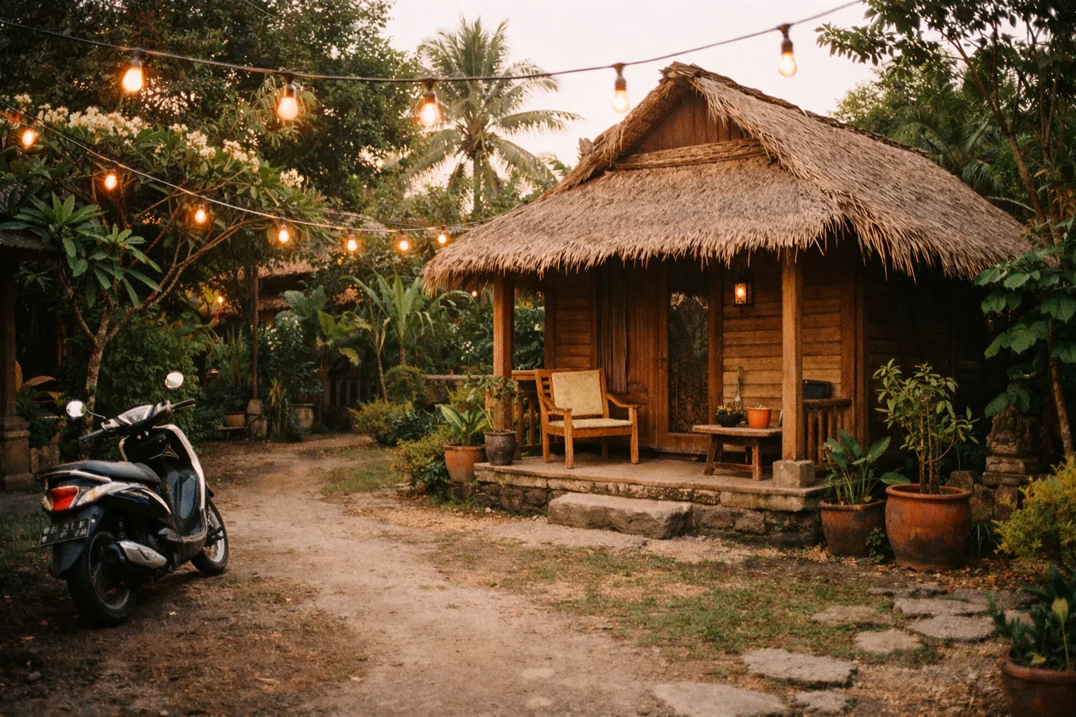 Courtyard of a budget-friendly Bali guesthouse at golden hour, scooter parked beside a path