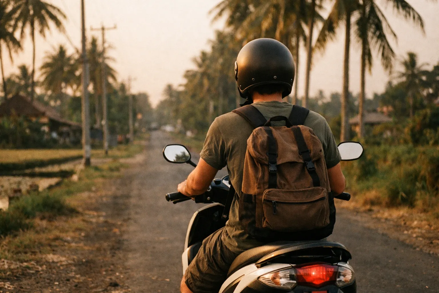 Back view of traveler by budget scooter on a Balinese road at golden hour