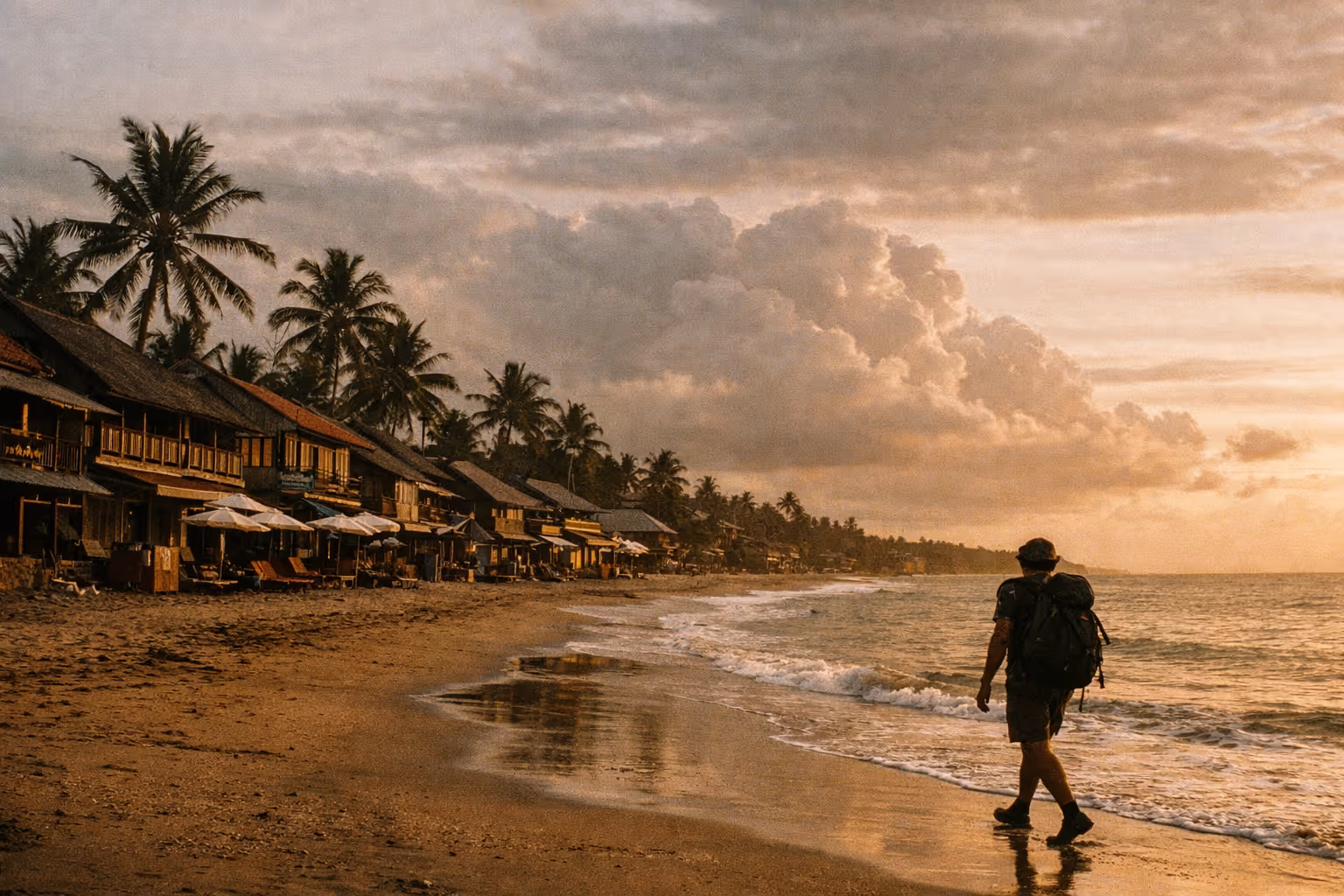 Dramatic Bali coastline at golden hour with budget stays along the shore
