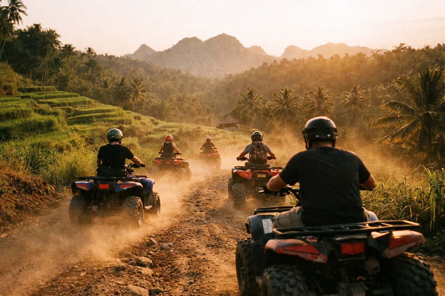 Group of ATV riders seen from behind navigating a dirt track through jungle and rice terraces at golden hour