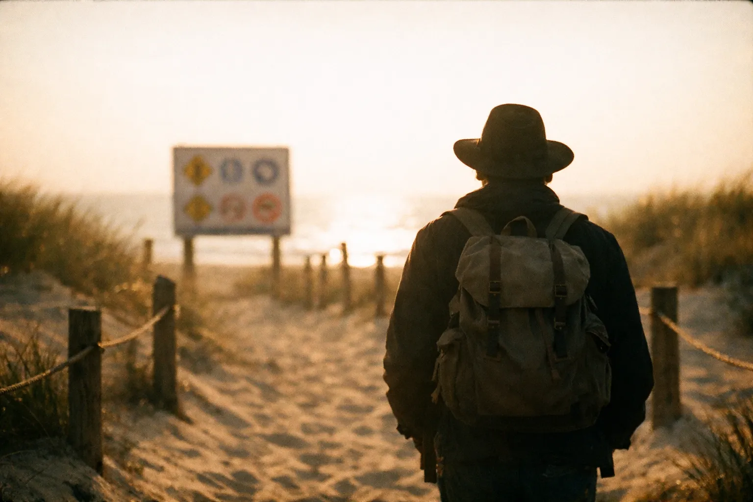 Silhouette of a traveler on a beach path at golden hour with a blurred safety sign in the background